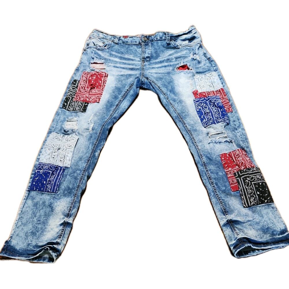 Smugglers Moon Jeans Mens 40x33 Blue Denim Patches Distressed Button Fly Hip Hop